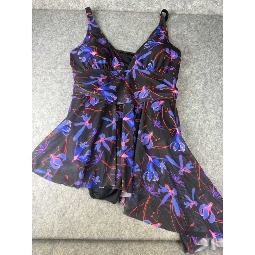 BloomChic Plus Size Floral Swim Dress V-Neck Asymmetrical Mesh Black US 22-24